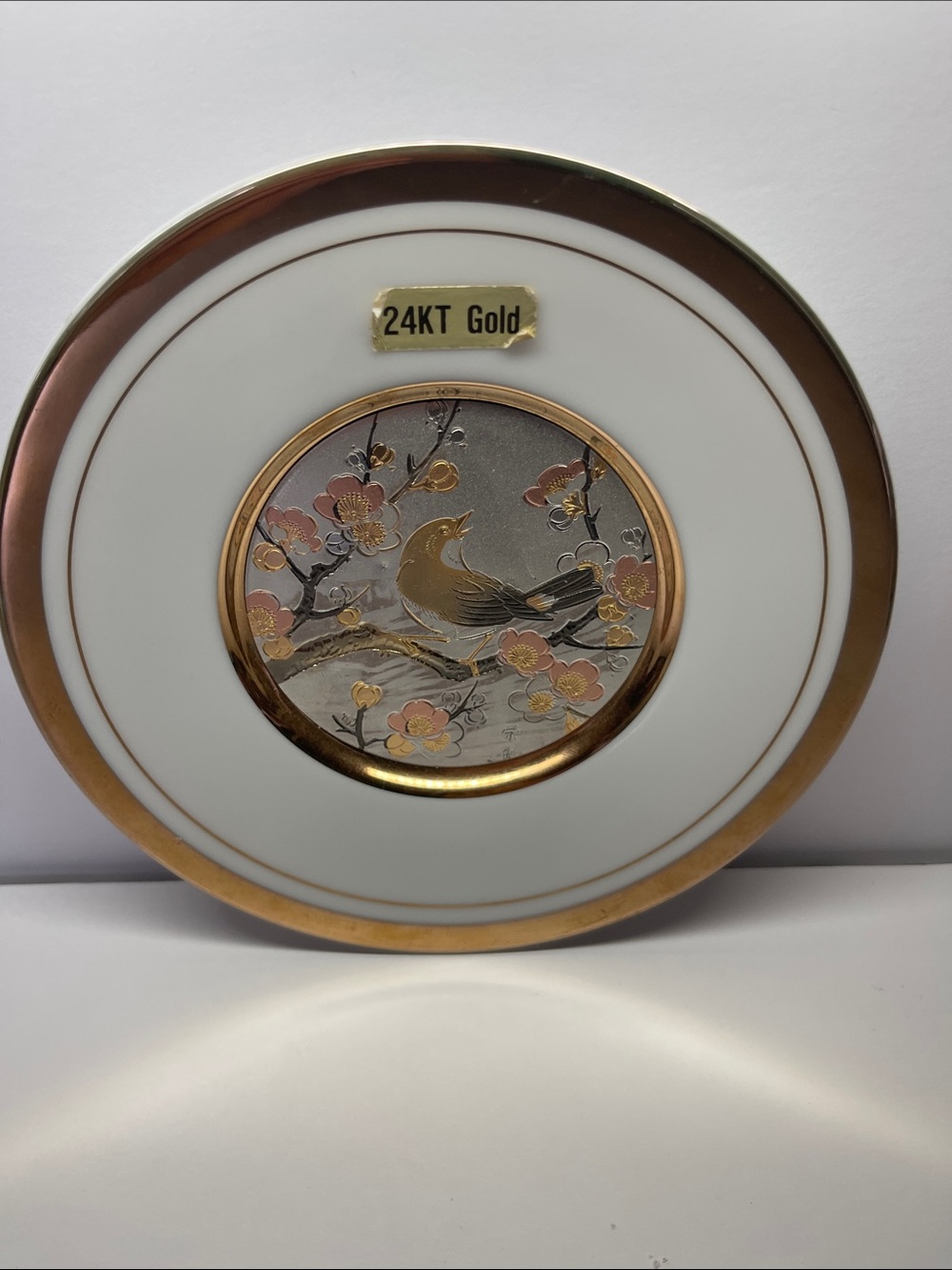 Vintage Japanese Chokin Plate 6” Bird Plum Blossoms 24K Gold - Picture 3 of 3